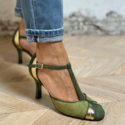 Women's Vibrant Green Patchwork T-Strap Closed Toe Heels