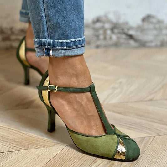 Women's Vibrant Green Patchwork T-Strap Closed Toe Heels