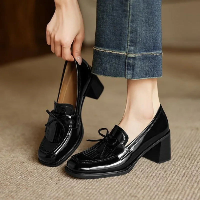 Women's Elegant Tassel Block Heel Loafer Pumps