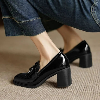 Women's Elegant Tassel Block Heel Loafer Pumps