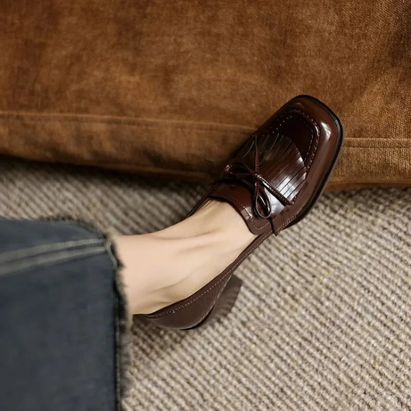 Women's Elegant Tassel Block Heel Loafer Pumps