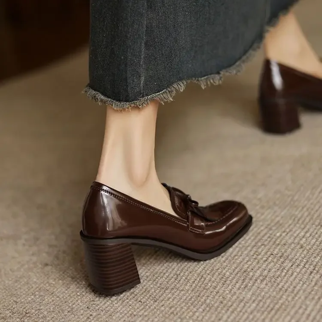 Women's Elegant Tassel Block Heel Loafer Pumps