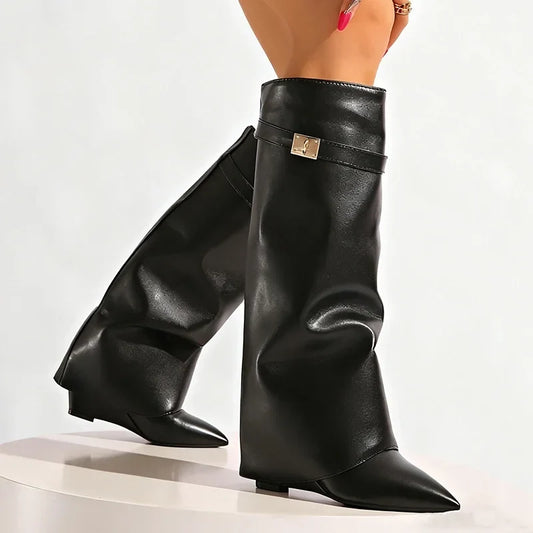 Women's Black Punk Knee High Wedge Boots
