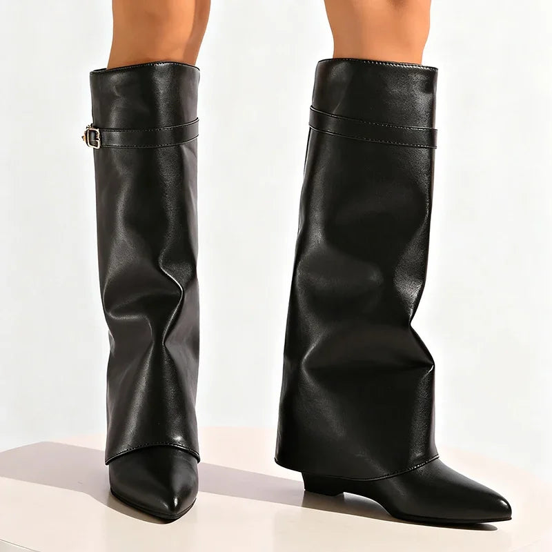 Women's Black Punk Knee High Wedge Boots