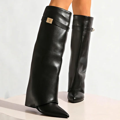 Women's Black Punk Knee High Wedge Boots