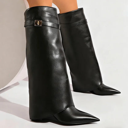 Women's Black Punk Knee High Wedge Boots