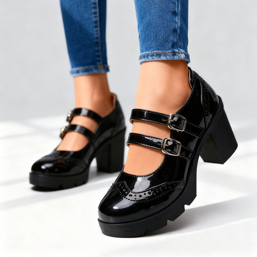 Women's Brogue-Inspired Double Strap Chunky Block Heel Mary Janes