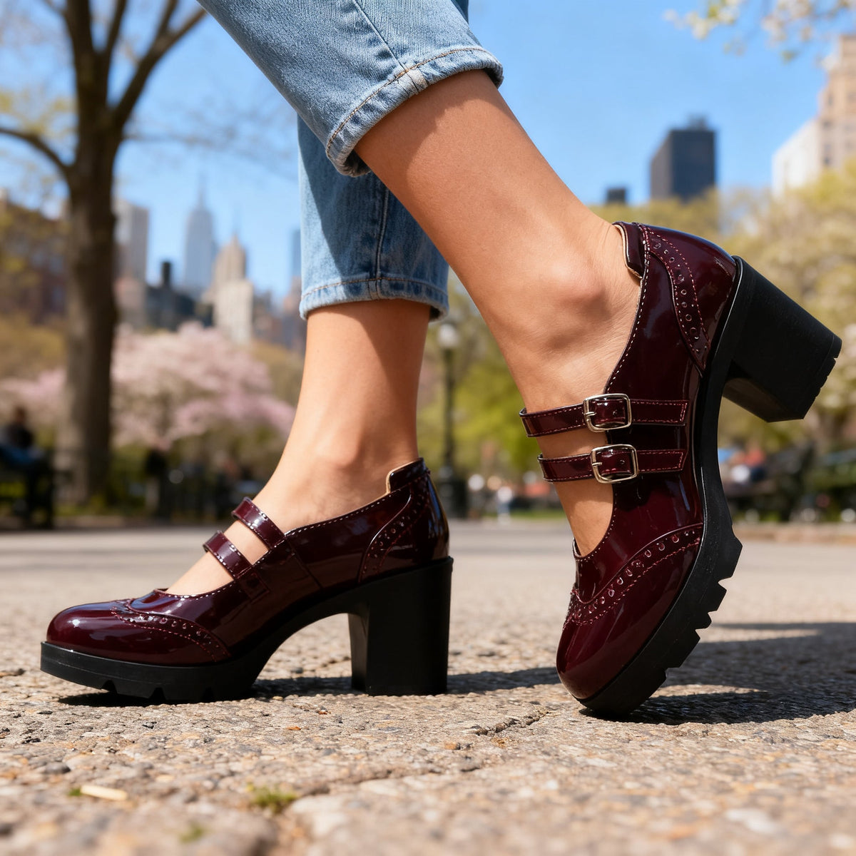 Women's Brogue-Inspired Double Strap Chunky Block Heel Mary Janes