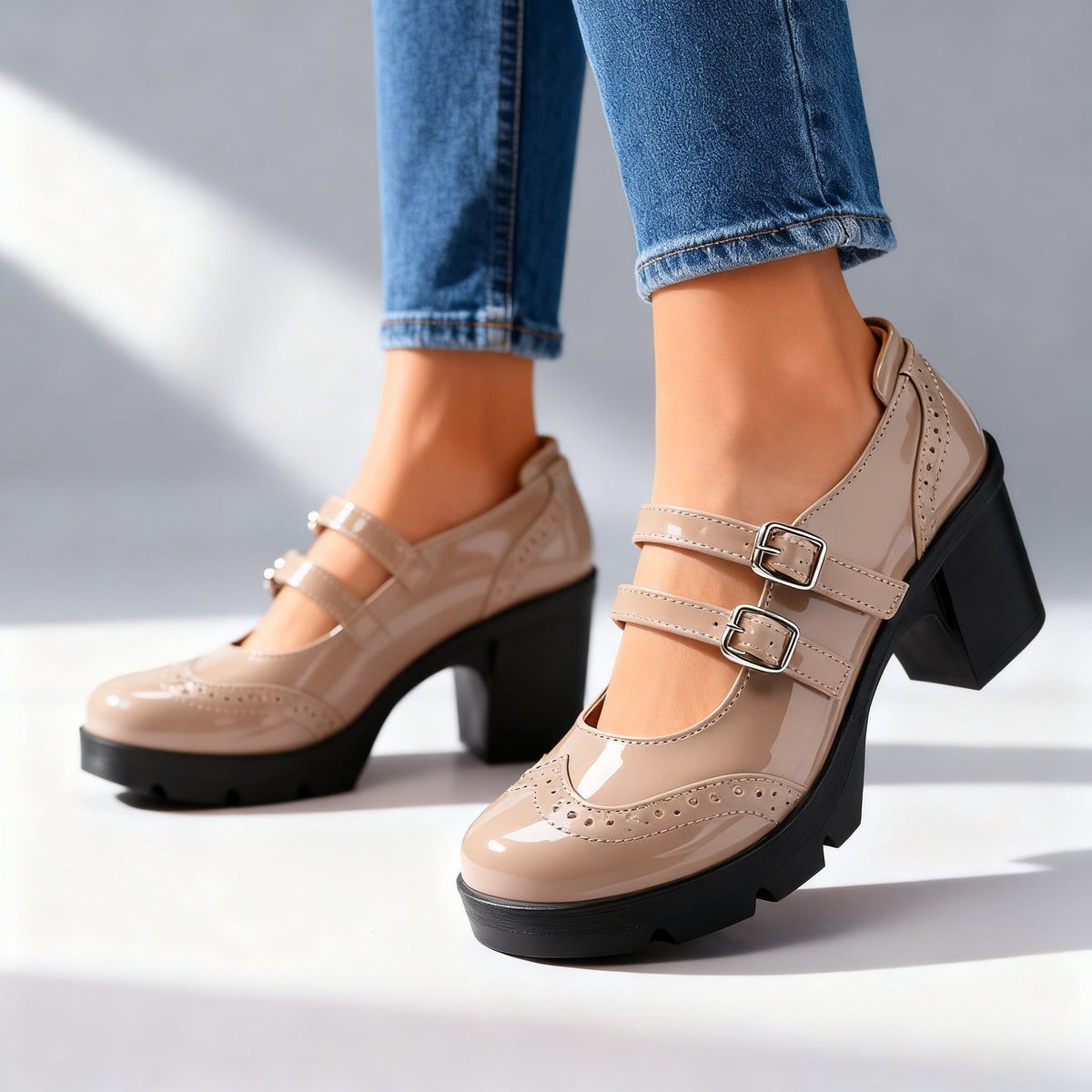 Women's Brogue-Inspired Double Strap Chunky Block Heel Mary Janes