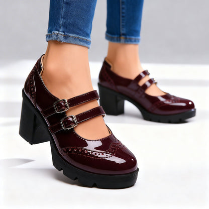 Women's Brogue-Inspired Double Strap Chunky Block Heel Mary Janes