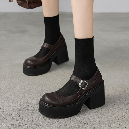 Women's Chunky Platform Mary Jane Heels with Buckle Strap