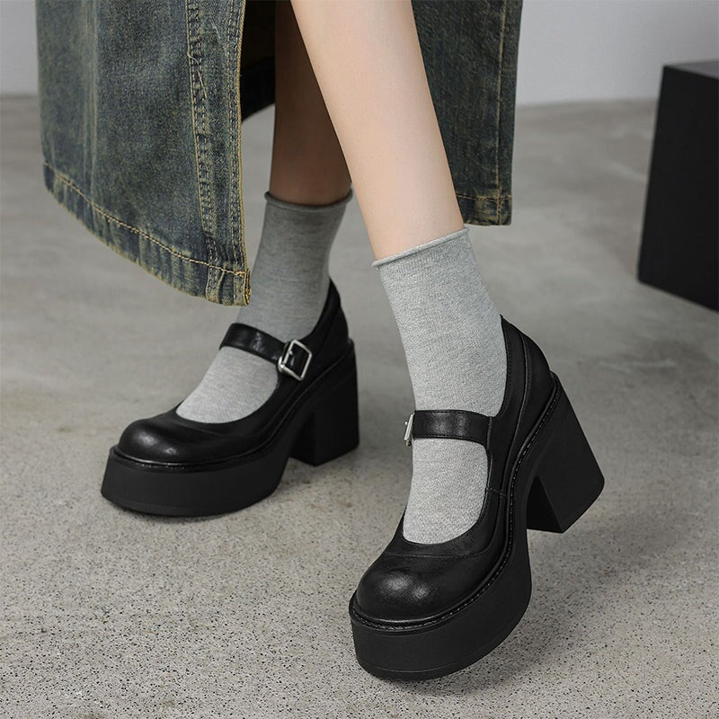 Women's Chunky Platform Mary Jane Heels with Buckle Strap