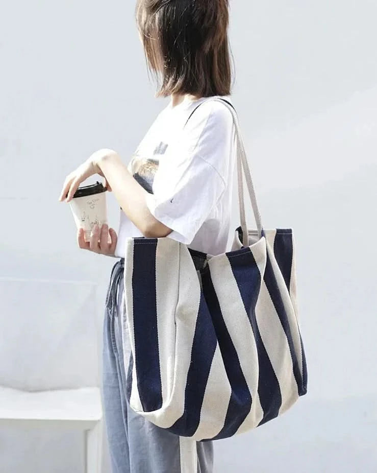 Women's Durable Canvas Tote Bag | Stylish Striped Design with Long Handles