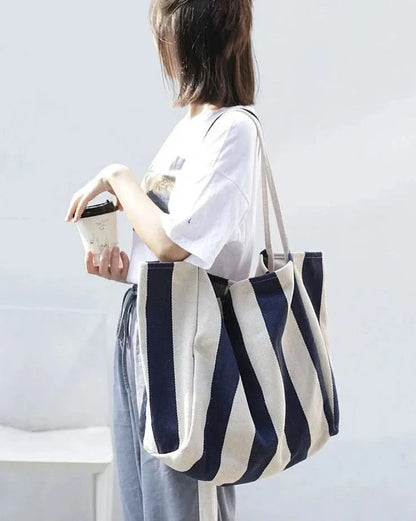 Women's Durable Canvas Tote Bag | Stylish Striped Design with Long Handles