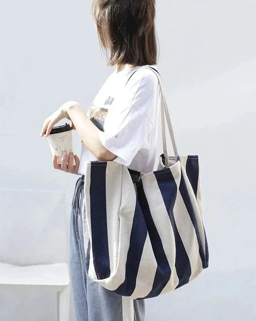 Women's Durable Canvas Tote Bag | Stylish Striped Design with Long Handles