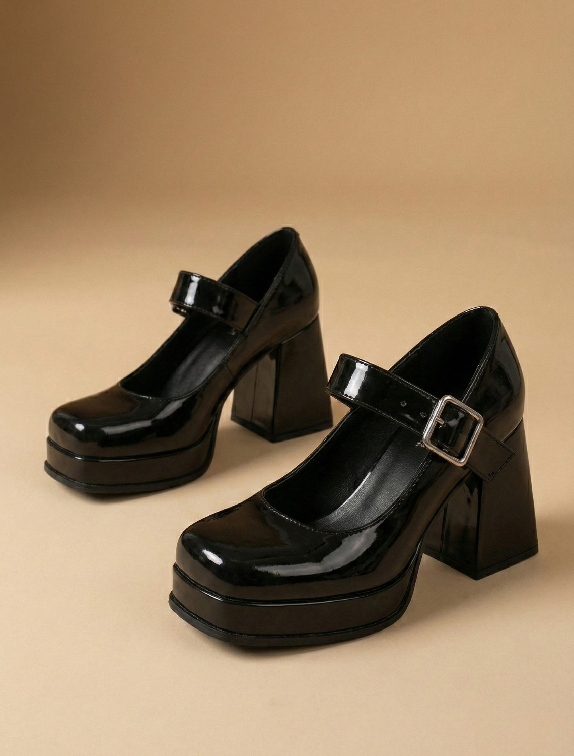 Women's Glossy Platform Chunky Mary Jane Heels