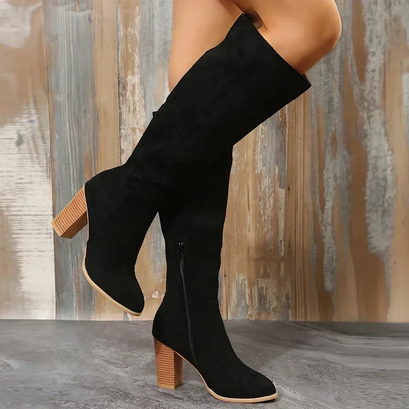 Women's Knee High Block Heel Flannel Boots