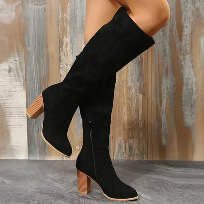 Women's Knee High Block Heel Flannel Boots