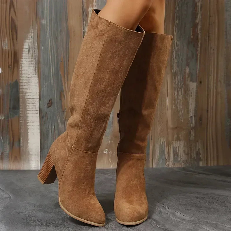 Women's Knee High Block Heel Flannel Boots