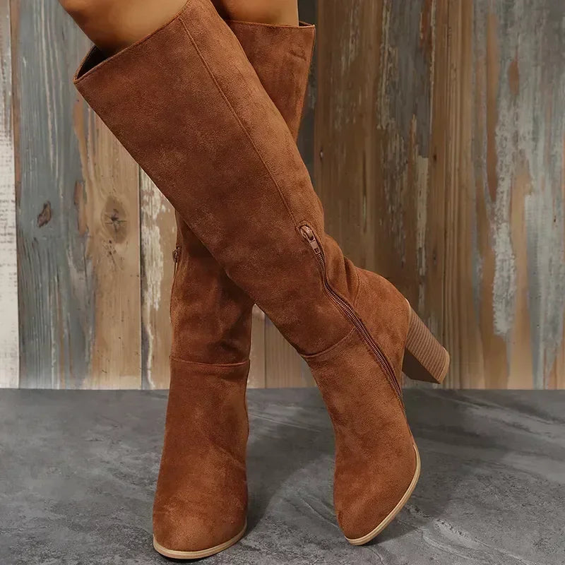 Women's Knee High Block Heel Flannel Boots