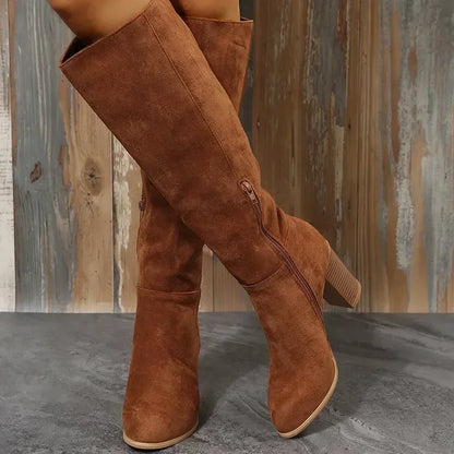 Women's Knee High Block Heel Flannel Boots