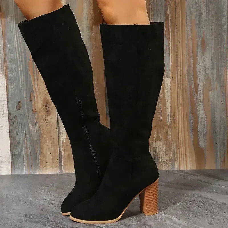 Women's Knee High Block Heel Flannel Boots