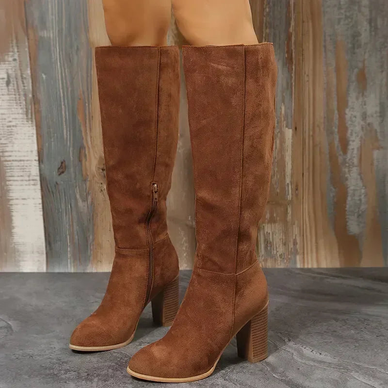 Women's Knee High Block Heel Flannel Boots