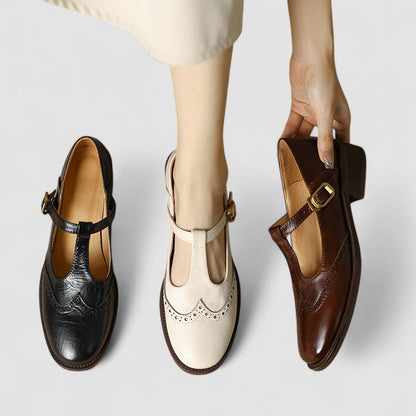 Women's Low Heeled T-Strap Brogue Mary Jane Shoes