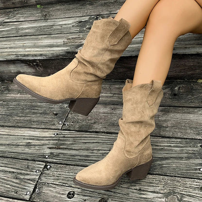 Women's Plus Size Mid Calf Thick Heeled Western Boots