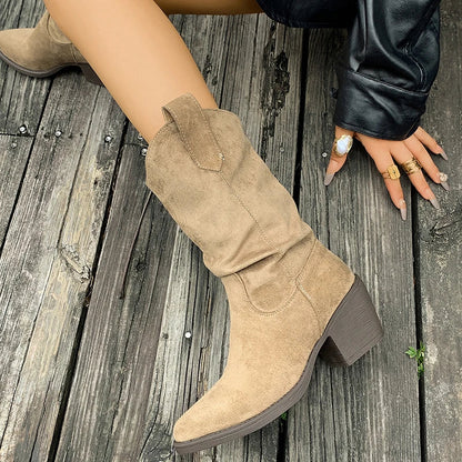 Women's Plus Size Mid Calf Thick Heeled Western Boots