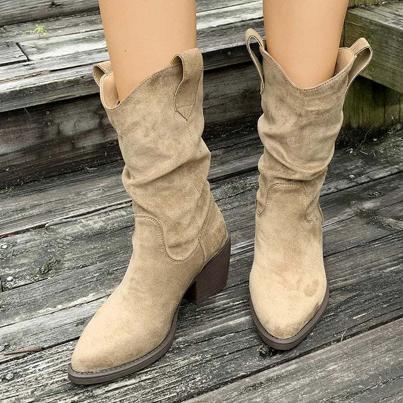 Women's Plus Size Mid Calf Thick Heeled Western Boots