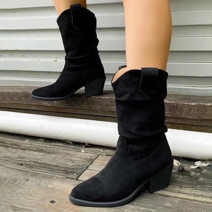 Women's Plus Size Mid Calf Thick Heeled Western Boots