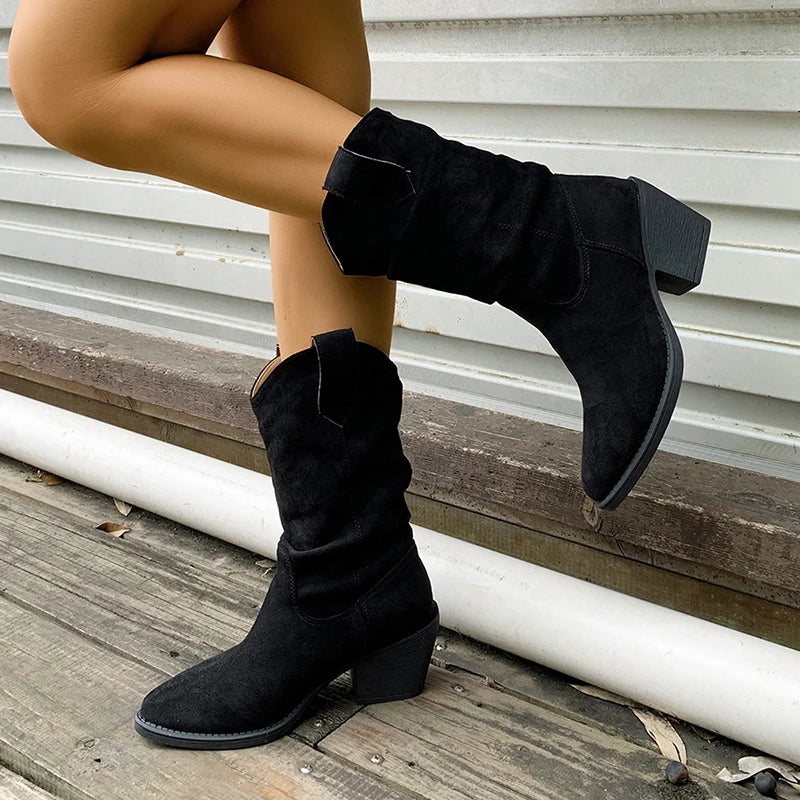 Women's Plus Size Mid Calf Thick Heeled Western Boots