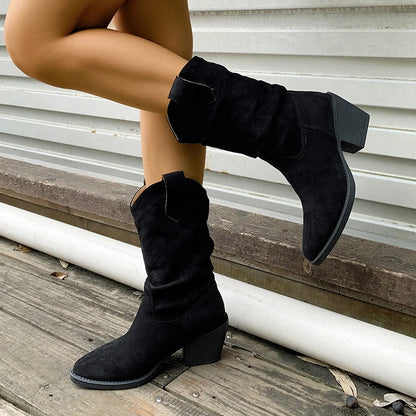 Women's Plus Size Mid Calf Thick Heeled Western Boots