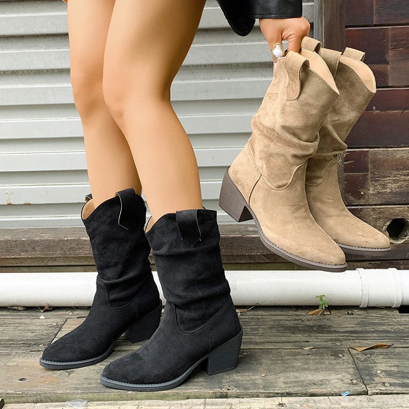 Women's Plus Size Mid Calf Thick Heeled Western Boots