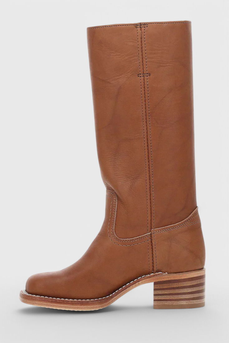 Women's Smooth Leather Block Heel Mid Calf Boots
