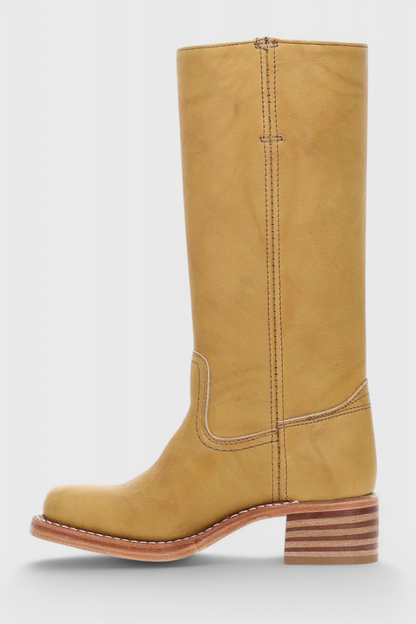 Women's Smooth Leather Block Heel Mid Calf Boots