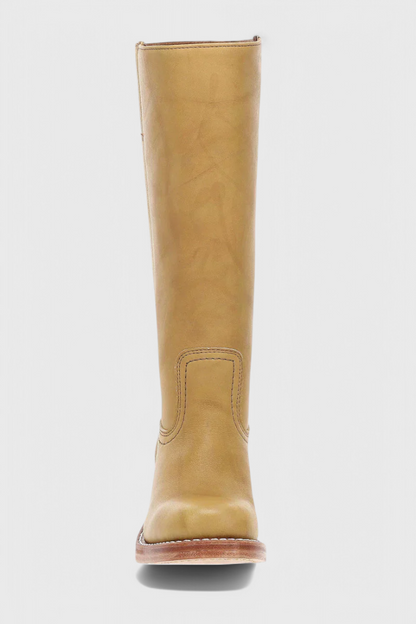 Women's Smooth Leather Block Heel Mid Calf Boots