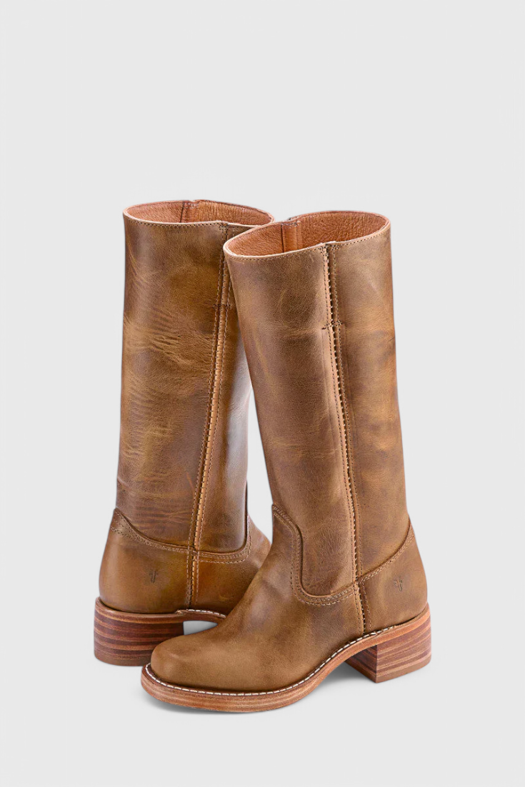 Women's Smooth Leather Block Heel Mid Calf Boots