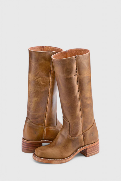 Women's Smooth Leather Block Heel Mid Calf Boots