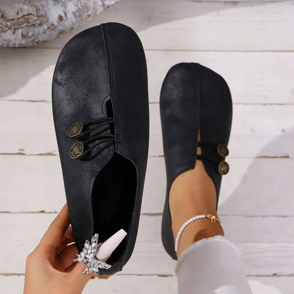 Women's Stylish Smooth Leather Button Strap Flats