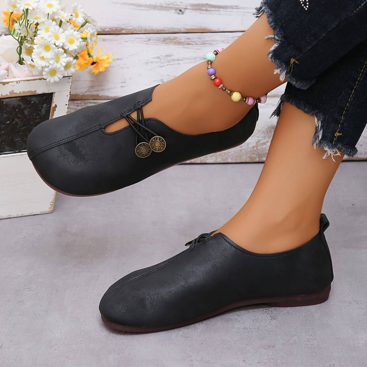 Women's Stylish Smooth Leather Button Strap Flats