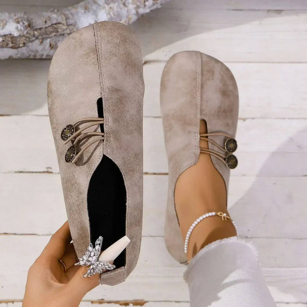 Women's Stylish Smooth Leather Button Strap Flats