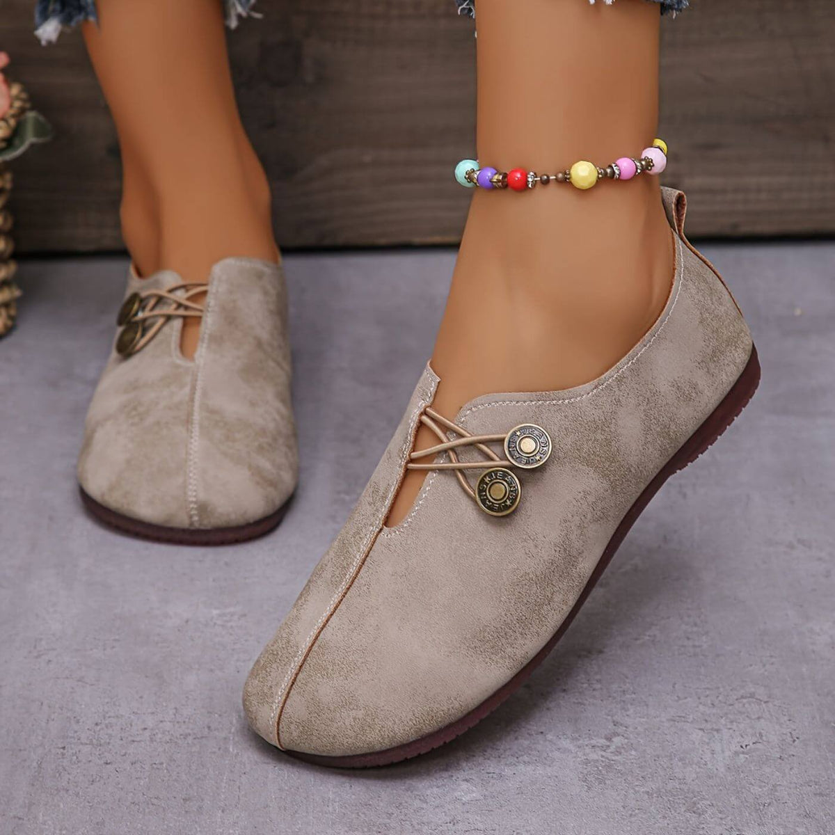 Women's Stylish Smooth Leather Button Strap Flats