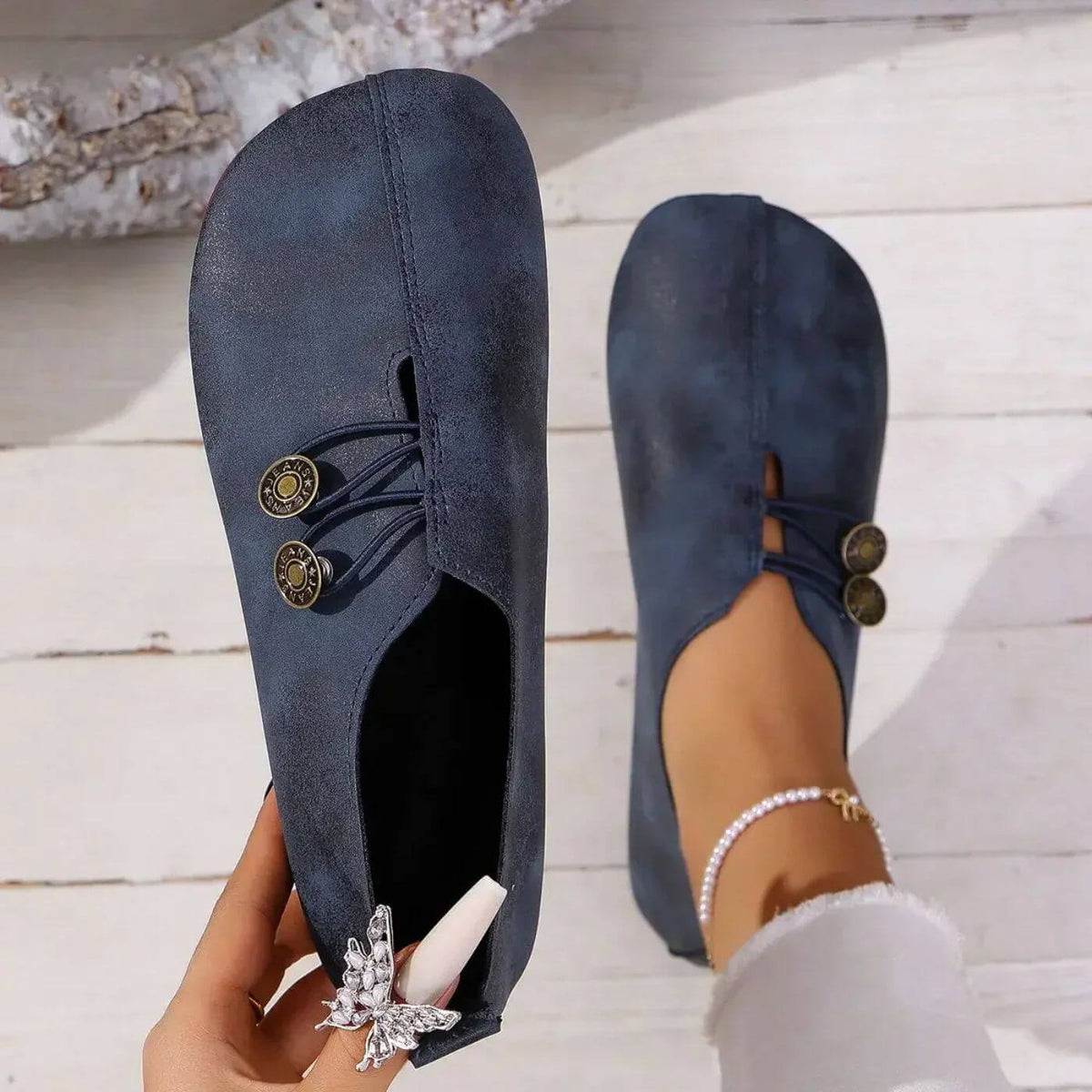Women's Stylish Smooth Leather Button Strap Flats