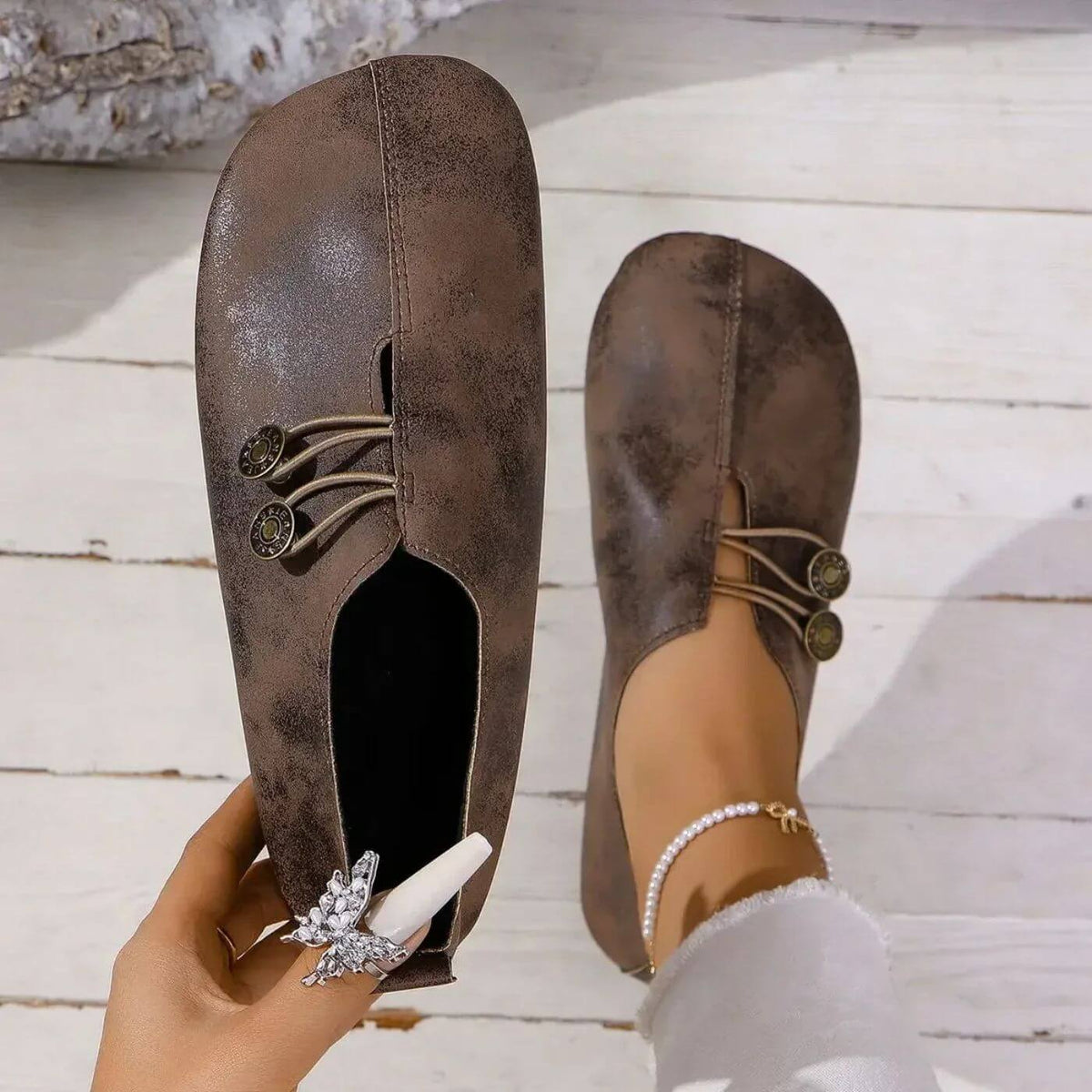 Women's Stylish Smooth Leather Button Strap Flats