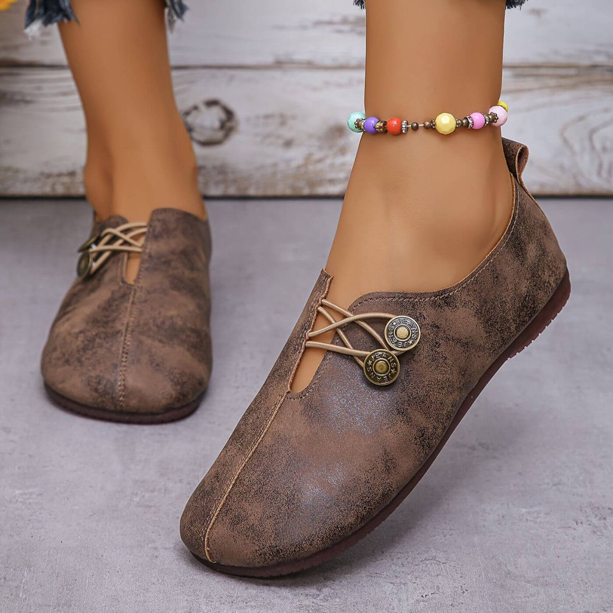 Women's Stylish Smooth Leather Button Strap Flats