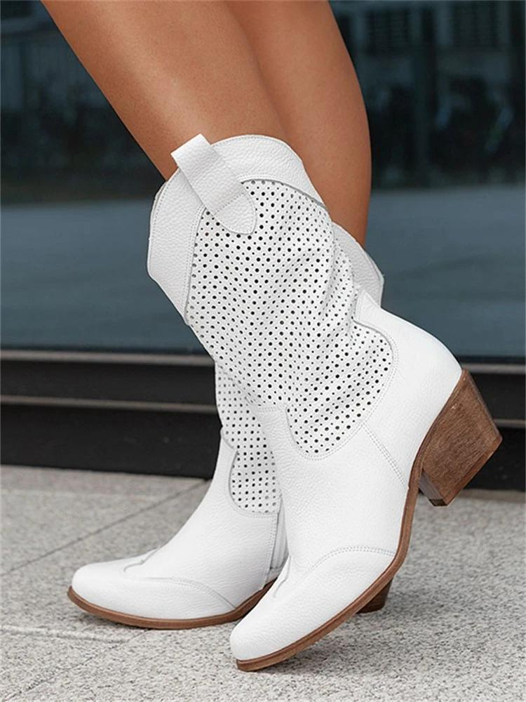 Women's White Perforated Leather Cowgirl Boots | Stylish Heeled Summer Footwear