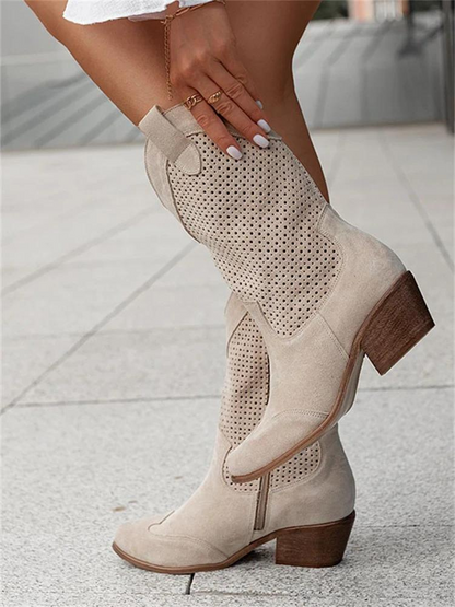Women's White Perforated Leather Cowgirl Boots | Stylish Heeled Summer Footwear