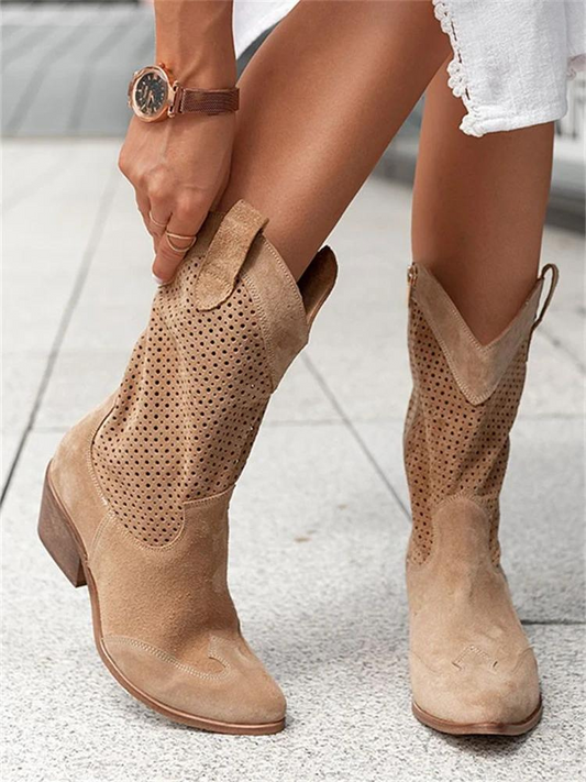 Women's White Perforated Leather Cowgirl Boots | Stylish Heeled Summer Footwear